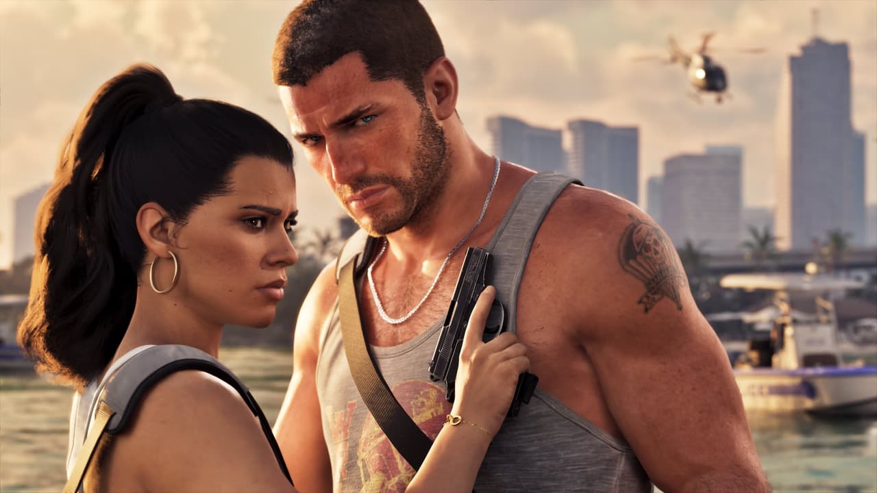 Lucía y Jason frente al skyline de Vice City